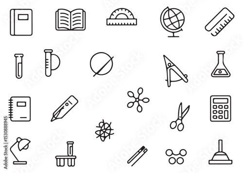 Collection of Black and White Line Art Icons Depicting Various School and Science Supplies Including Notebooks Books Protractors Globes Rulers Test Tubes Beakers A Compass Scissors A Calculator
