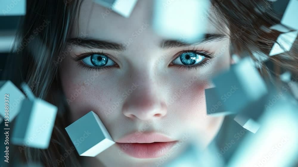 Geometric beauty woman face with abstract cubes digital age art