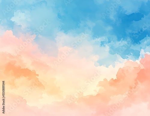 modern European watercolor painting of a sky, ultramarine blue blending with light coral and apricot tones, barely-there fluffy clouds, precise yet soft brushwork, warm and cool color harmony 