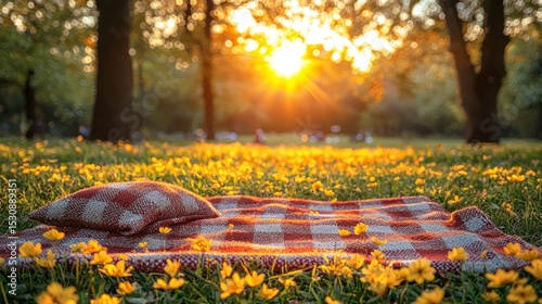 Sunny Picnic Scene in a Vibrant Field with Flowers and Soft Light