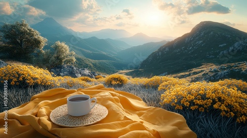Serene Sunny Field Picnic Scene with Mountainous Background