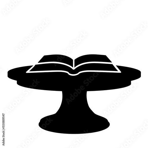 Silhouette of scroll-themed book on round table, medieval lore simplicity