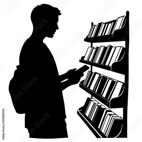 Silhouette of person browsing bookshelves, bookstore exploration and learning