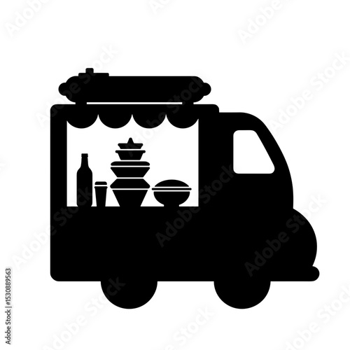 Silhouette of food truck with eco food boxes, black and white mobile dining concept
