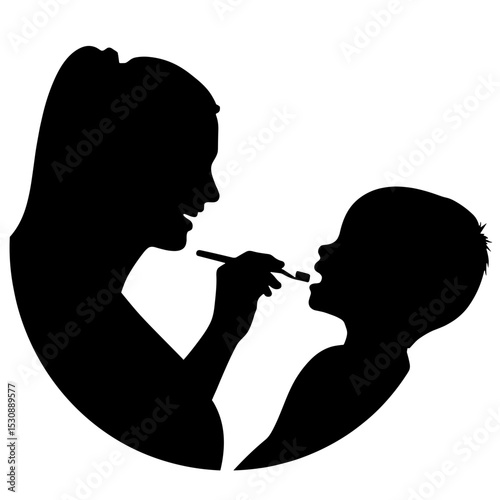 Silhouette of dental hygienist applying fluoride to child's teeth, preventive care