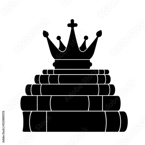 Silhouette of crown atop book stack, symbol of literary royalty and wisdom