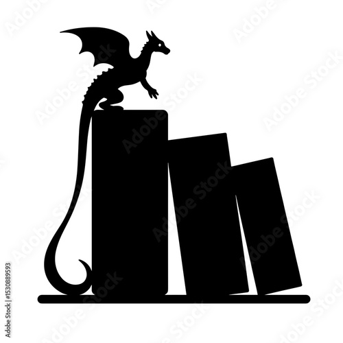 Silhouette of dragon perched on books, fantasy literature concept