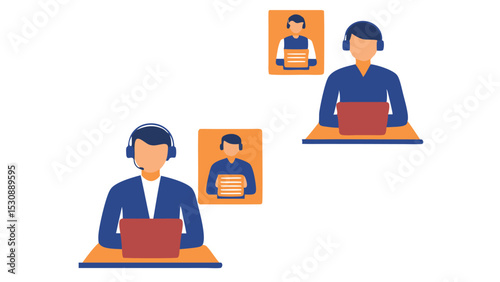 Illustration of customer service representatives with headsets and laptops working remotely online