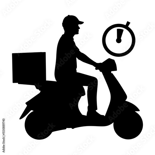 Silhouette of delivery scooter with clock icon, express shipping and time management