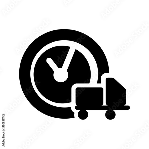 Dispatch clock and moving truck icon, time-in-transit logistics, black and white, copyspace