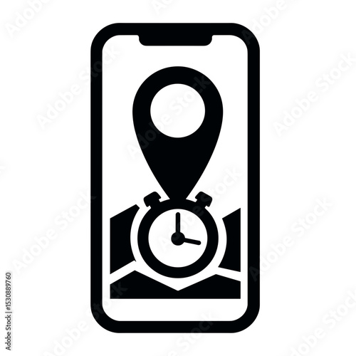 Map pin and stopwatch icon on mobile screen, instant navigation service