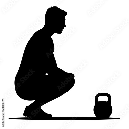 Silhouette of person squatting beside kettlebell on white background, fitness simplicity