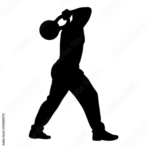 Silhouette of kettlebell swing on white background, fitness strength training illustration