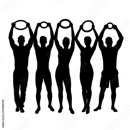 Silhouette of team holding gym rings indoors, teamwork coordination fitness