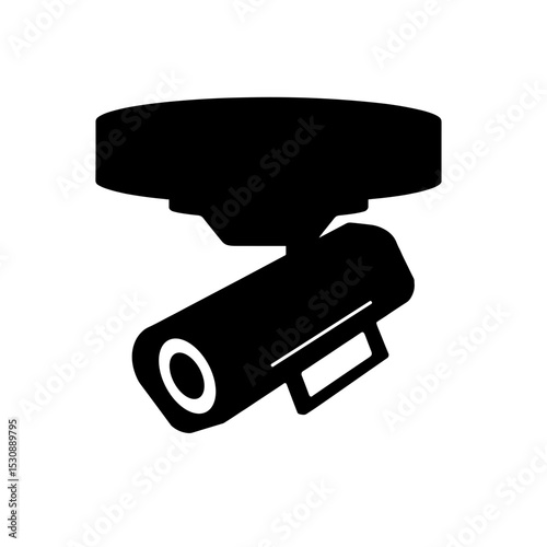 Black silhouette of security camera on white background, modern surveillance and safety