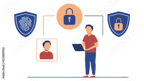 Person with laptop connected to security shields and profile picture for verification process