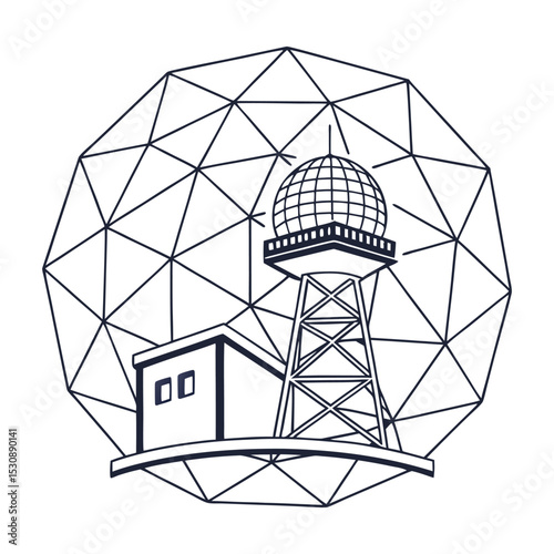 Geodesic Dome with Radar Tower and Building Line Art Illustration