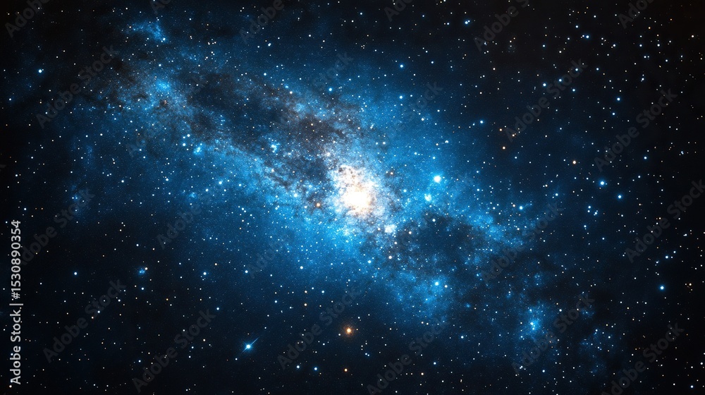 Naklejka premium Blue spiral galaxy, cosmic dust, stellar birth, deep space, background stars, science education