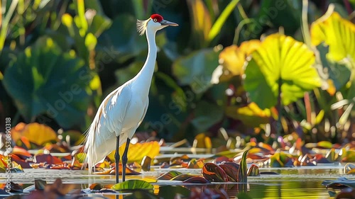 White Egret Wading in Water Among Lily Pads. Beautiful wading bird in a serene pond, a symbol of grace and nature