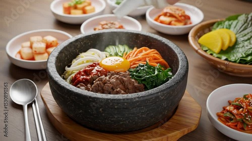 Stone Bowl Culinary Delight: A steaming bowl of bibimbap, a classic Korean mixed rice dish, presented in a traditional stone bowl.