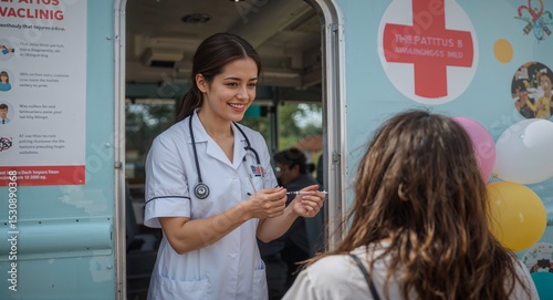 A smiling nurse prepares a syringe for a patient at a mobile vaccination clinic with balloons