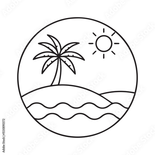 Tropical Island Paradise Palm Tree, Sun, and Ocean Line Art