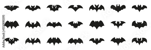 Bat Silhouette Icon Set. Halloween, Night Creatures, And Spooky Theme Symbol Collection. Diverse Bat Shapes For Seasonal And Decorative Use. Isolated Vector Illustration