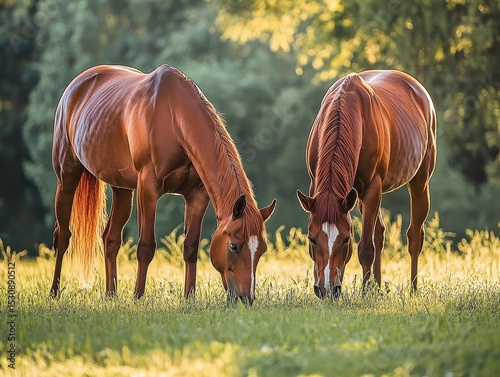Shiny Horses. Arabian Bay Horses Grazing Contently on Green Pasture