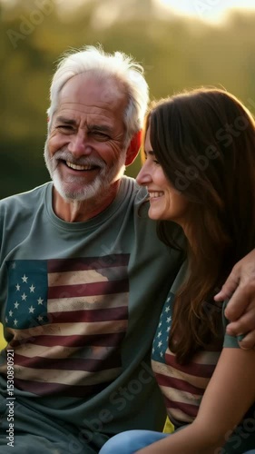 An older couple enjoys a sunny day in the park, smiling and posing together in matching shirts featuring an American flag