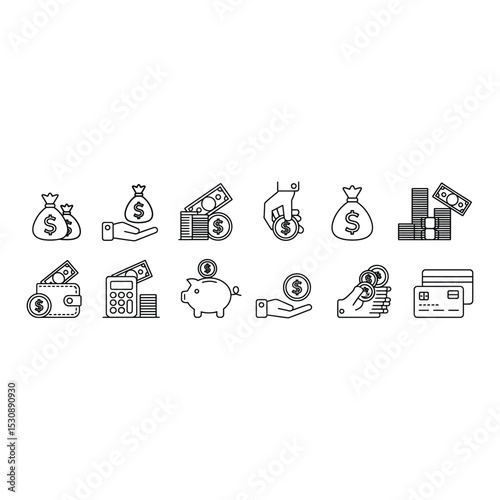 Vector line art icons representing finance and financial concepts including savings and money