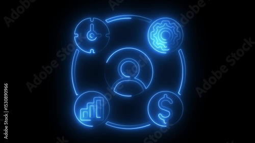 Glowing Neon Business Hierarchy Icon Depicting Team Leadership and Management Structure, Featuring a Central Leader, Subordinate Team Members. on the black background.