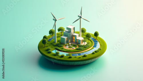 Sustainable City Concept with Wind Turbines Solar Panels and Modern Architecture on a Green Island