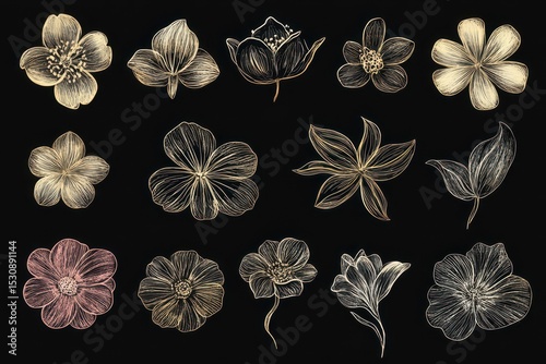 Sketchy Floral. Set of Flower Doodles for Childish Drawing with Symbolic Floral Elements