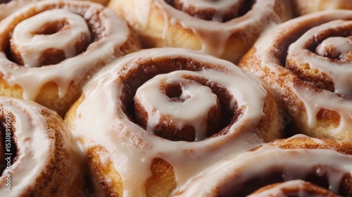 Delightful view of freshly baked cinnamon rolls smothered in icing, showcasing their intricate swirls and tempting warm texture