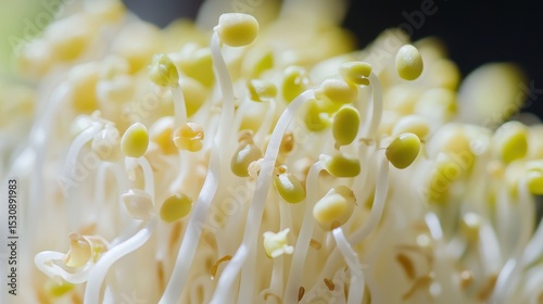 Intricate layers of fresh mung bean sprouts showcasing vibrant yellow-green tops against a backdrop of delicate white stems in an ultra realistic plant-based composition