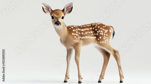 Young deer fawn with beautiful spotted fur stands gracefully on a clean white background while curiously looking to the side in ultra-realistic detail