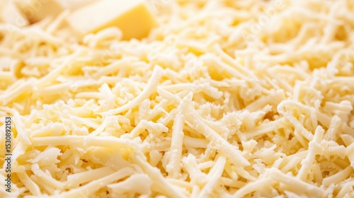 Close-up view capturing the inviting mix of shredded mozzarella and cheddar cheese, showcasing their soft and stringy texture against a natural food backdrop