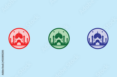 Set of 3 vibrant masjid vector designs with rich colours and elegant style. Ideal for Ramadan, Eid, Islamic posters, and educational or decorative use.