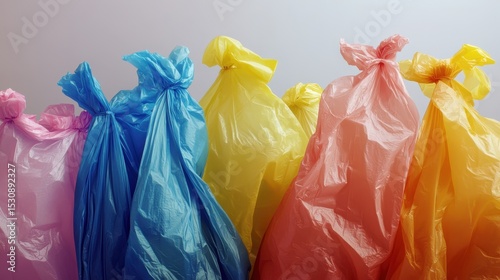 Colorful array of tightly sealed plastic bags arranged side by side illustrating modern waste sorting concepts in a high-resolution studio setting