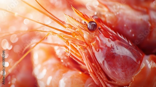 Fresh shrimp glistening in natural pink hues reveals intricate textures and details captured in stunning macro photography