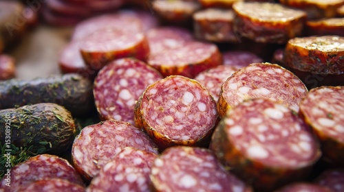 Assorted dry-cured sausages displayed in thick slices, showcasing rich marbling and aromatic herbs in a rustic setting