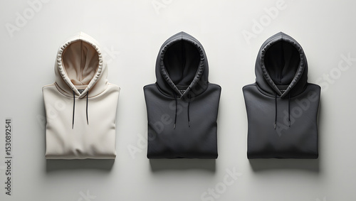 Minimalist Product Photography of Folded Hooded Sweatshirts on Neutral Background, White and Gray Hoodies Displayed on Flat Surface with Clean Lighting photo