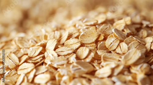 Golden rolled oats creating a textured surface, showcasing the natural beauty and nutritional value of this wholesome grain in a detailed macro view