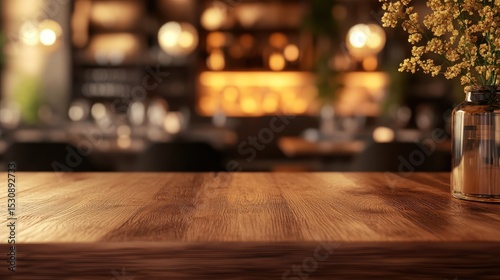 Elegant luxury restaurant interior with a natural wood counter and warm golden tones creating an inviting atmosphere