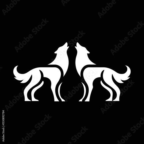 Wolf couple vector logo icon button design on black.