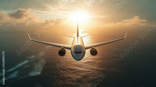 Jet gliding gracefully above the shimmering ocean during a breathtaking sunset, capturing the essence of travel in a tropical paradise