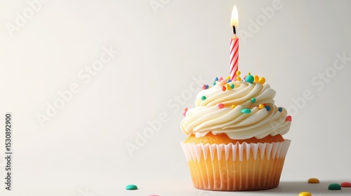 Celebrate special moments with a beautifully decorated birthday cupcake featuring a vibrant candle glowing against a minimalist white backdrop