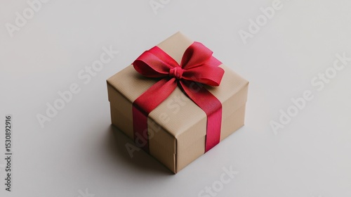 Delightful wrapped gift box embellished with a vibrant red ribbon resting gracefully on a pristine white background