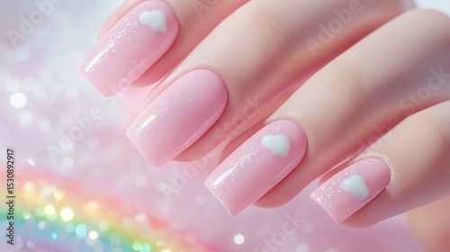 Glossy pastel pink nails decorated with tiny white clouds and rainbow accents, illuminated in soft light against a clean white backdrop