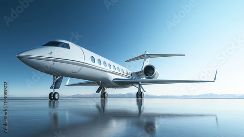 Luxury business jet parked elegantly on polished tarmac beneath a clear blue sky, showcasing its sleek design and immaculate finish in stunning detail
